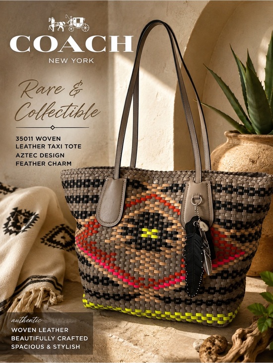 Coach Handbags - Coach Woven Leather Tote - Brown with Neon Yellow & Red Accents